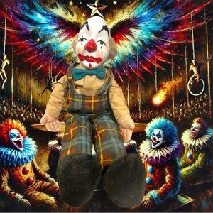 Rare 1960s Vintage 18″ Matte Porcelain Bisque-Head Shelf Sitting Clown Doll